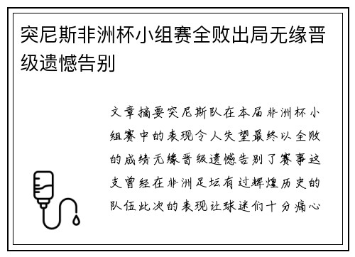 突尼斯非洲杯小组赛全败出局无缘晋级遗憾告别