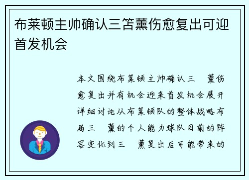 布莱顿主帅确认三笘薰伤愈复出可迎首发机会